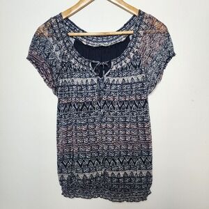 Cleo Petite Tribal Geometric Print Mesh Blouse Navy Blue Pink Size Small S